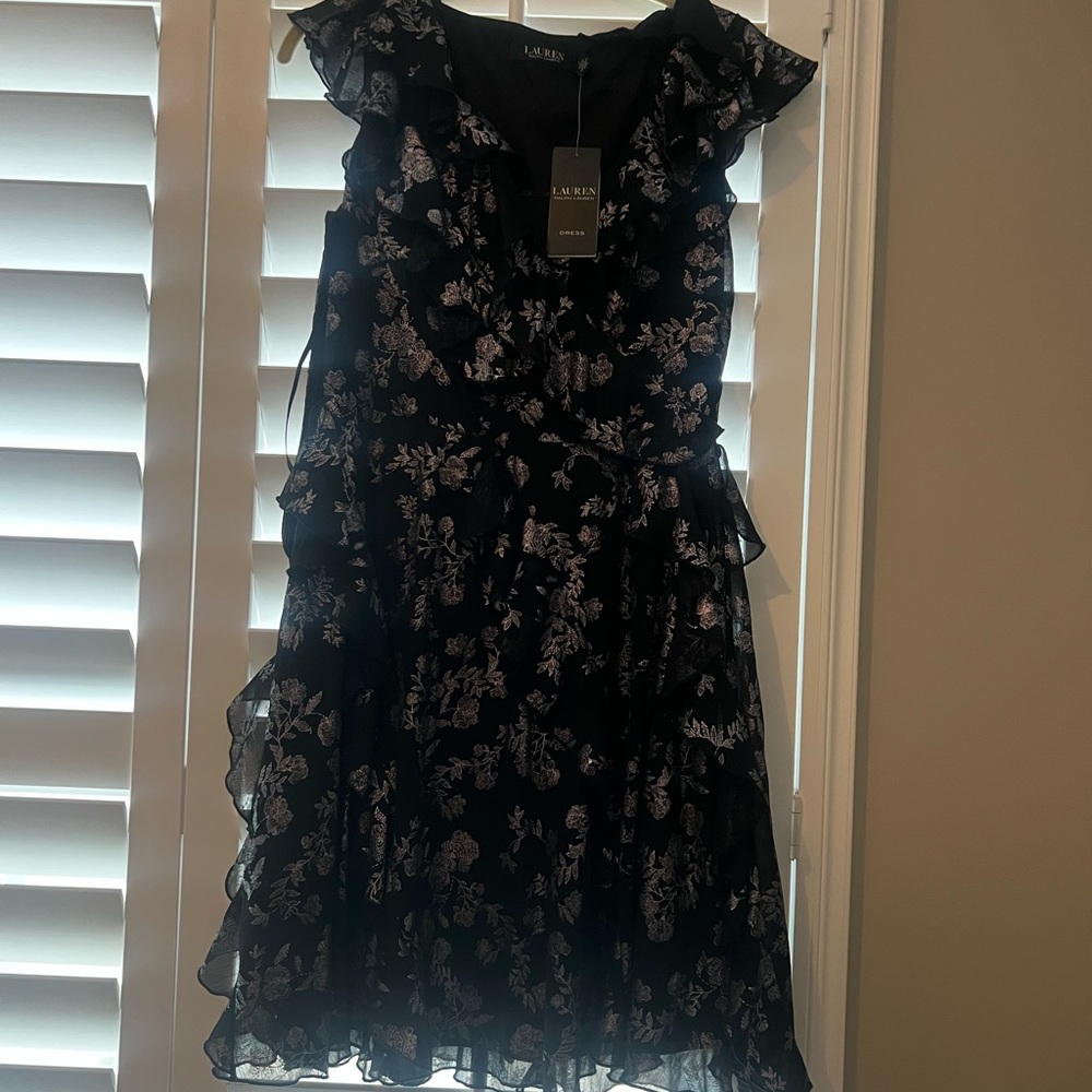 Lauren Ralph Lauren Black and White Leaf Print Dress